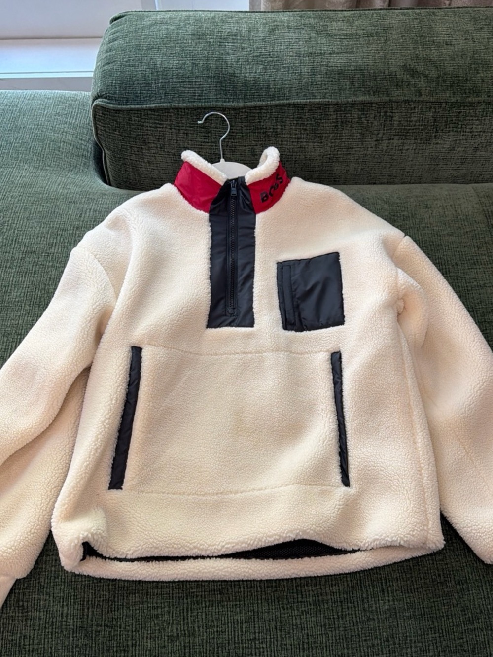 BOSS kids Cream Sherpa Pullover with Black Trim and Red Collar